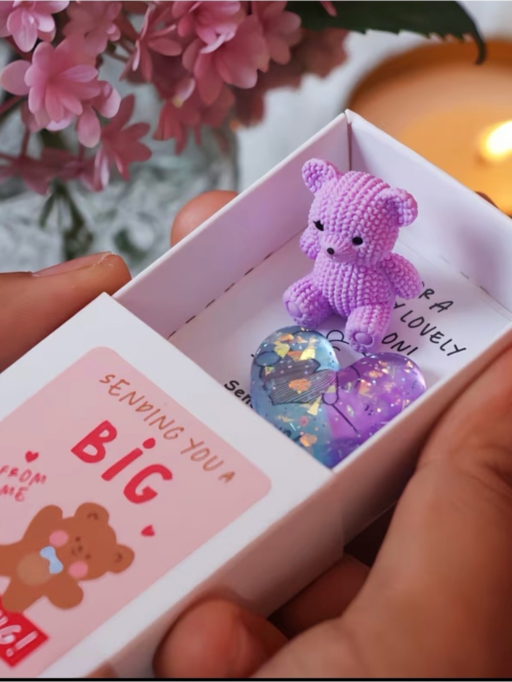 Mini Purple Crochet Teddy & Heart Resin Gift Box - Cute Keepsake